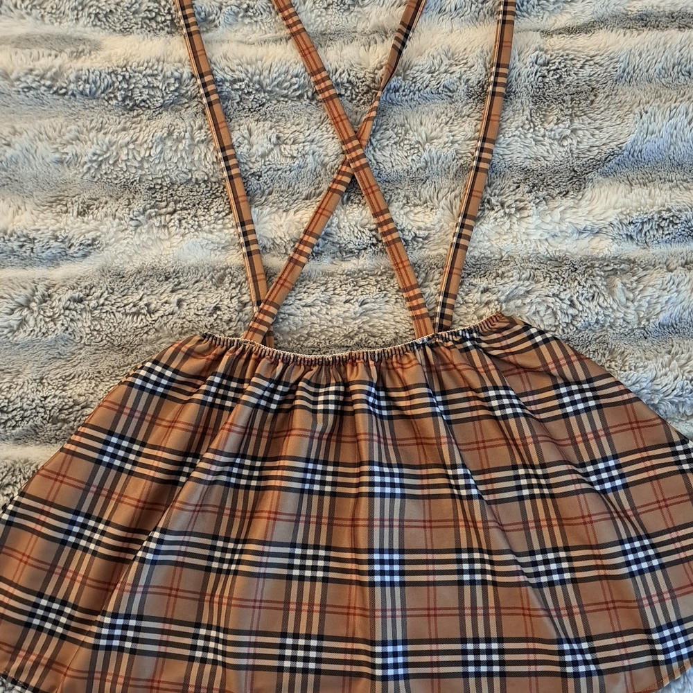 90s Vintage Plaid Tan Crossback Suspender Skirt